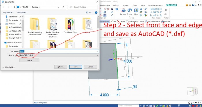 Solid Edge 2022 - select front face and edge and save as dxf.jpg